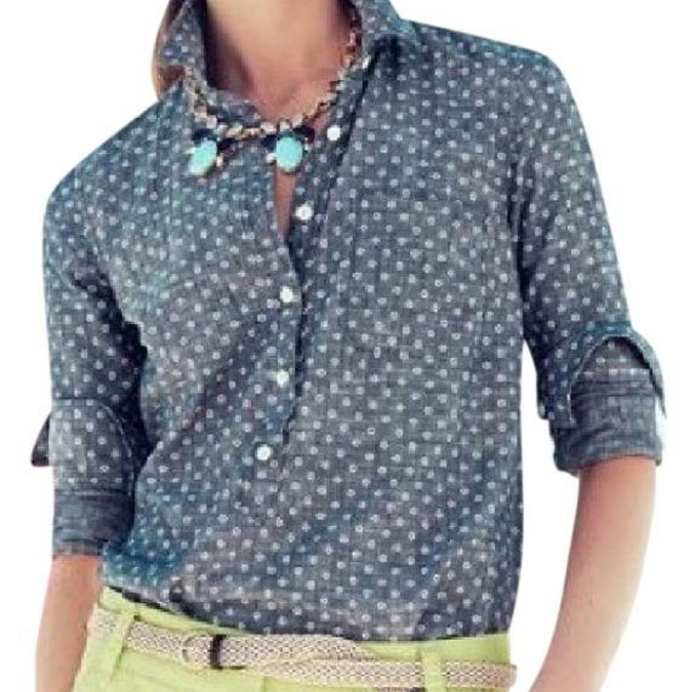 J. Crew Circle-print Chambray Popover Shirt Size 0 - Picture 2 of 8